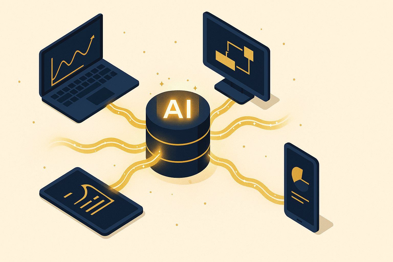 Illustration of a reactive real-time database syncing live data to multiple devices